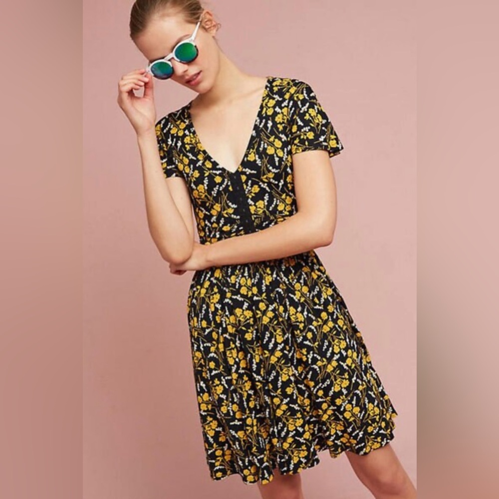 💫Anthropologie | Floral Black and Yellow Dress